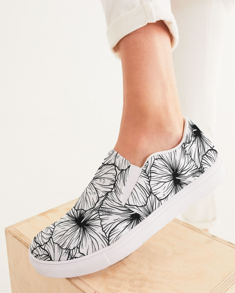 Hibiscus Women's Slip-On Canvas Shoe (B&W)