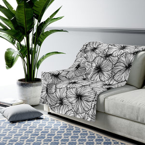 Hibiscus Velveteen Plush Blanket (B&W)